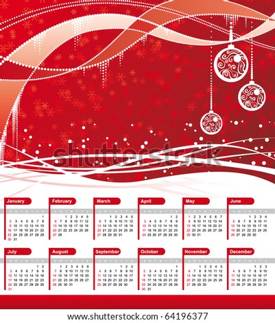 Holiday Calendars 2011 on Vector Calendar 2011  Red Wave Background With Christmas Balls
