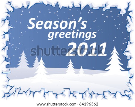 Christmas blue vector landscape background with ice border and Season\'s greetings text