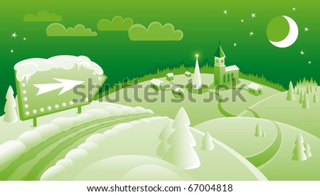 Christmas landscape background with road sign, christmas tree, town, church, hills, moon and clouds