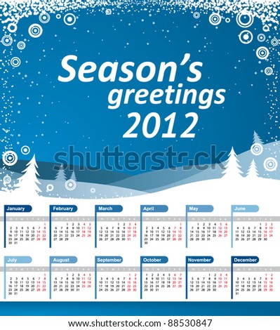 Vector Calendar 2012. Blue landscape with snowflakes and Season\'s greetings text