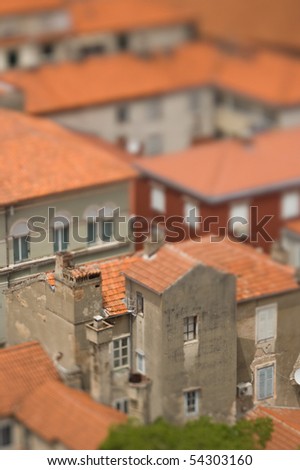 TILT-SHIFT photo, typical houses in Dalmatian historical town, Croatia