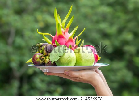 Fruit tray in hand waitress.