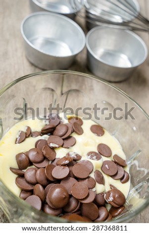 Melting butter and chocolate for chocolate cake in bowl