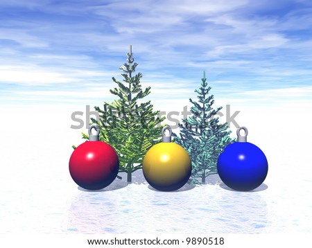 Christmas, balls, color, snow, trees, sky, red, yellow, blue