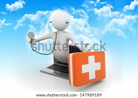 Male doctor holing stethoscope and fist aid box from screen of laptop. online medical  help