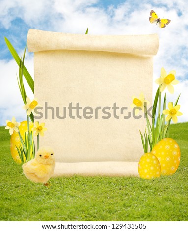 Blank scroll on spring background with easter eggs, butterfly and baby chicken