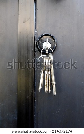 key ring in keyhole on black aluminum door