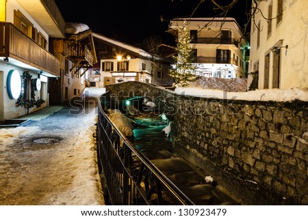 Illuminated Central Square of Megeve in French Alps