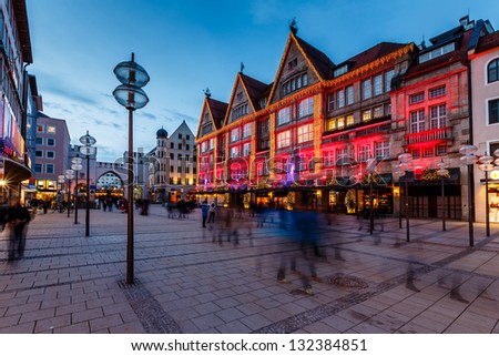 Illuminated Neuhauser Street And Karlsplatz Gate In Munich At The Evening, Germany