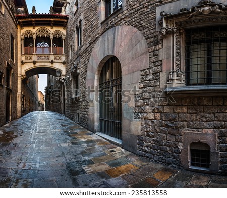 Barri Gothic Quarter and Bridge of Sighs in Barcelona Catalonia Spain Barri Gothic Quarter and Bridge of Sighs in Barcelona Catalonia Spain