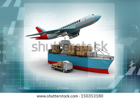 3D rendering of a flying plane, a truck, and a cargo container
