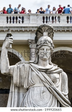 Detail of the statue of the Fountain of the Goddess  of Rome and the Pincio terrace in Piazza del Popolo in Rome