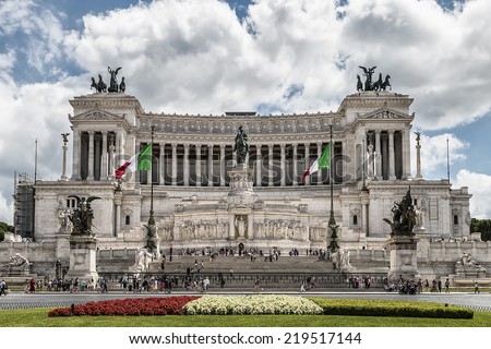 Rome, Italy - July 12, 2014: National Monument to Vittorio Emanuele II crowded with tourists. it is one of the main tourist attractions of Rome.
