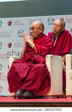 Rome, Italy - December 13, 2014: World Summit of Nobel Peace Laureates 2014. The Dalai Lama during his speech to the conference at the autidoriom Parco della Musica in Rome
