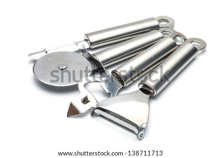 Set of four kitchen items isolated on a white background.