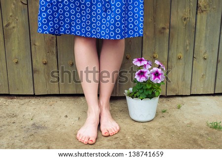 female legs against a wooden wall, next to the flowers in the pot.
