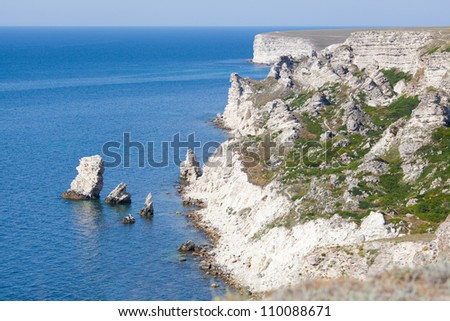 Tarhankut, Crimea, Ukraine. Rocky cliffs moved into the sea after the earthquake in Crimea in 1927 year.