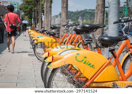 TAIWAN - MAY 02 :  public rental bicycle for resident and tourists for travelling. The public bicycle are located at MRT stations in Taiwan. Best way to travel around town, on 02 May 2015 in Taipei.