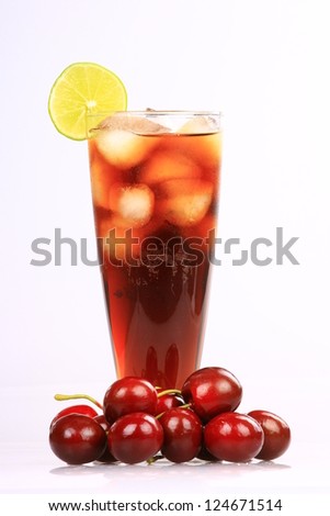 Cocktail Rum-cola with ice and lemon with cherry isolated on white background