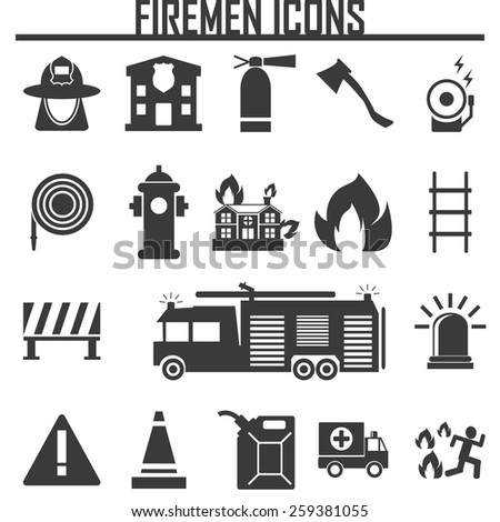 Vector black firefighter icons set on white background