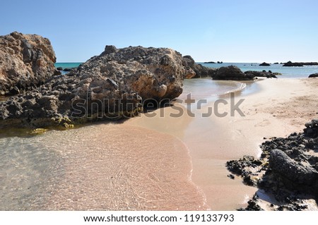 Pink Sand & Stones Beach Elafonisi Crete Greece. Sand from fragmented coral.