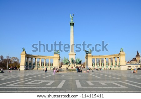 BUDAPEST-MARCH 26: Tourists visit Millennium Monument in Heroes Square circa 26 March 2012 in Budapest, Hungary. This square has been UNESCO World Heritage site since 2002.