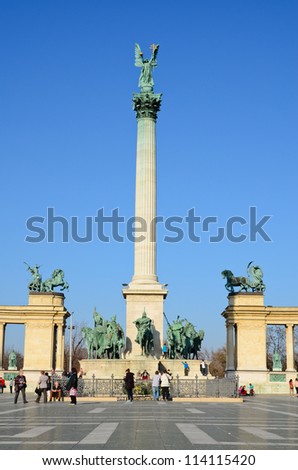 BUDAPEST-MARCH 26:Tourists visit Millennium Monument in Heroes Square circa 26 March 2012 in Budapest, Hungary. This square has been UNESCO World Heritage site since 2002.