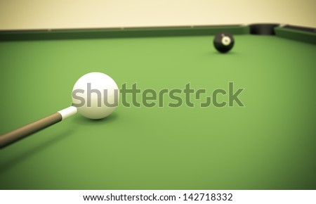 A white ball in the center of a pool table aiming at the 8 ball near the corner pocket.