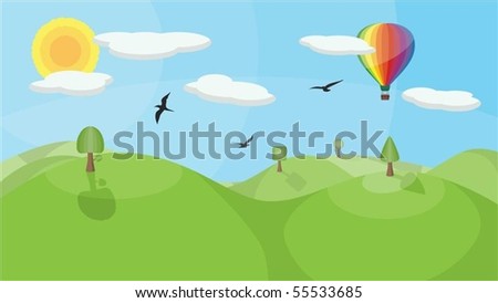A landscape with mountains, trees, birds, clouds and a colorful hot air balloon. No transparencies or gradients used.