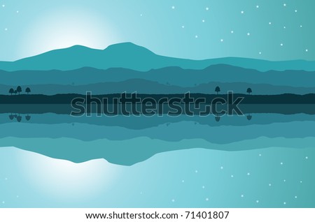 A vector landscape in teal tones, next to a lake, with water reflection. Editable illustration.