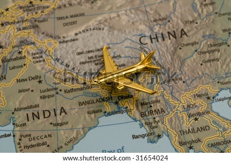 Plane Going From China to India. Map is Downloaded off of a Government Website and is Copyright Free.
