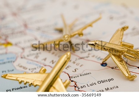 Three Small Golden Planes Over California. Map is Copyright and Trademark Free, Downloaded off www.nationalatlas.gov