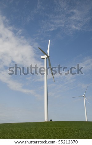 Wind Turbines on Soybean Crop in Iowa.