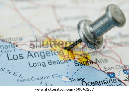 Push Pin on Los Angeles, California. Map is copyright free off a government website.