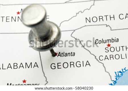 Push Pin on Atlanta, Georgia. Map is copyright free off a government website.