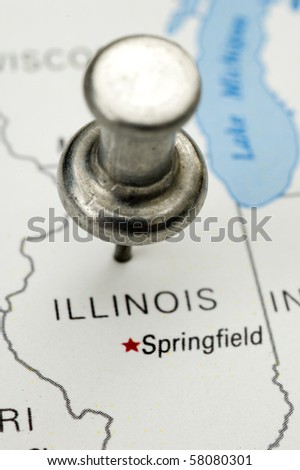 Thumbtack on Map of Illinois with Capital. Map is Copyright Free Off a Government Website.