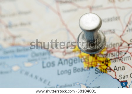 Push Pin Through Los Angeles. Map is Copyright Free Off a Government Website.