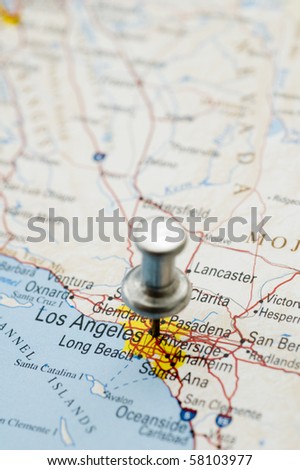 Push Pin Through Map of California. Map is Copyright Free Off a Government Website.