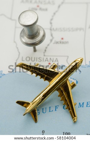 Push Pin Through Louisiana. Map is Copyright Free Off a Government Website.