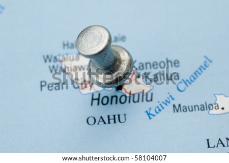 Push Pin on Hawaii. Map is Copyright Free Off a Government Website.