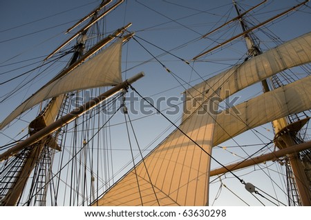 Sails on Historic Ship in San Diego, California with Blue Sky.