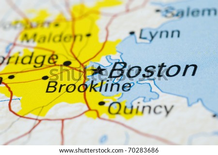 Close up of Boston on Map. Map is Copyright Free Off Government Website - Nationalatlas.gov