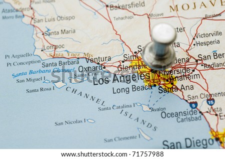 Push Pin on Map of California. Map is Copyright Free Off a Government Website - Nationalatlas.gov