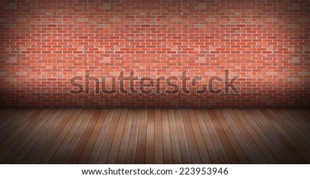 modern home interior with orange bricks wall and wooden floor - vignette effect.