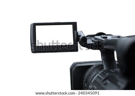 Taking video or footage using professional camera - isolated on white with blank camera screen.