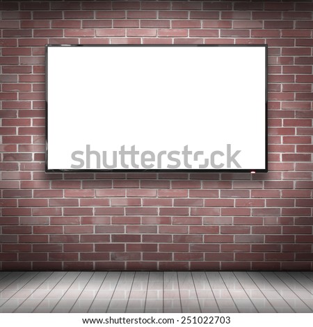 Modern smart tv device with blank screen presentation hung on the brick wall in the room.