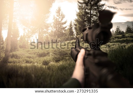 First person view of soldier on duty, photo realistic fps military game