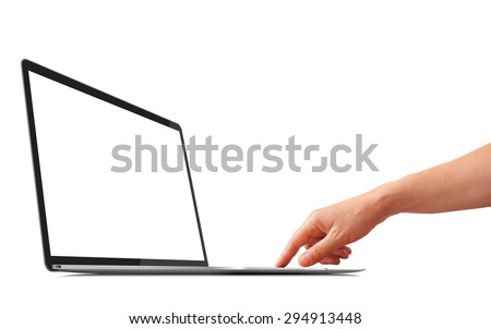 Woman\'s hand using a laptop with a blank screen. - isolated on white background