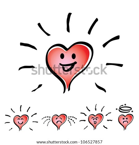 Set of Hand drawn, cartoon heart in mood or emotion happy, smile, sad, indifferent, cheerful and dizzy