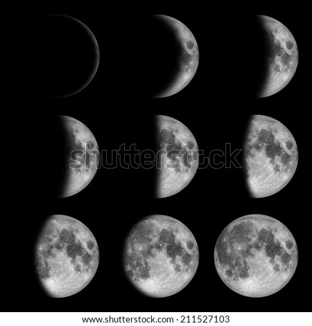 9 phases of the moon, lunar on dark night sky, black space, black background - from new to full